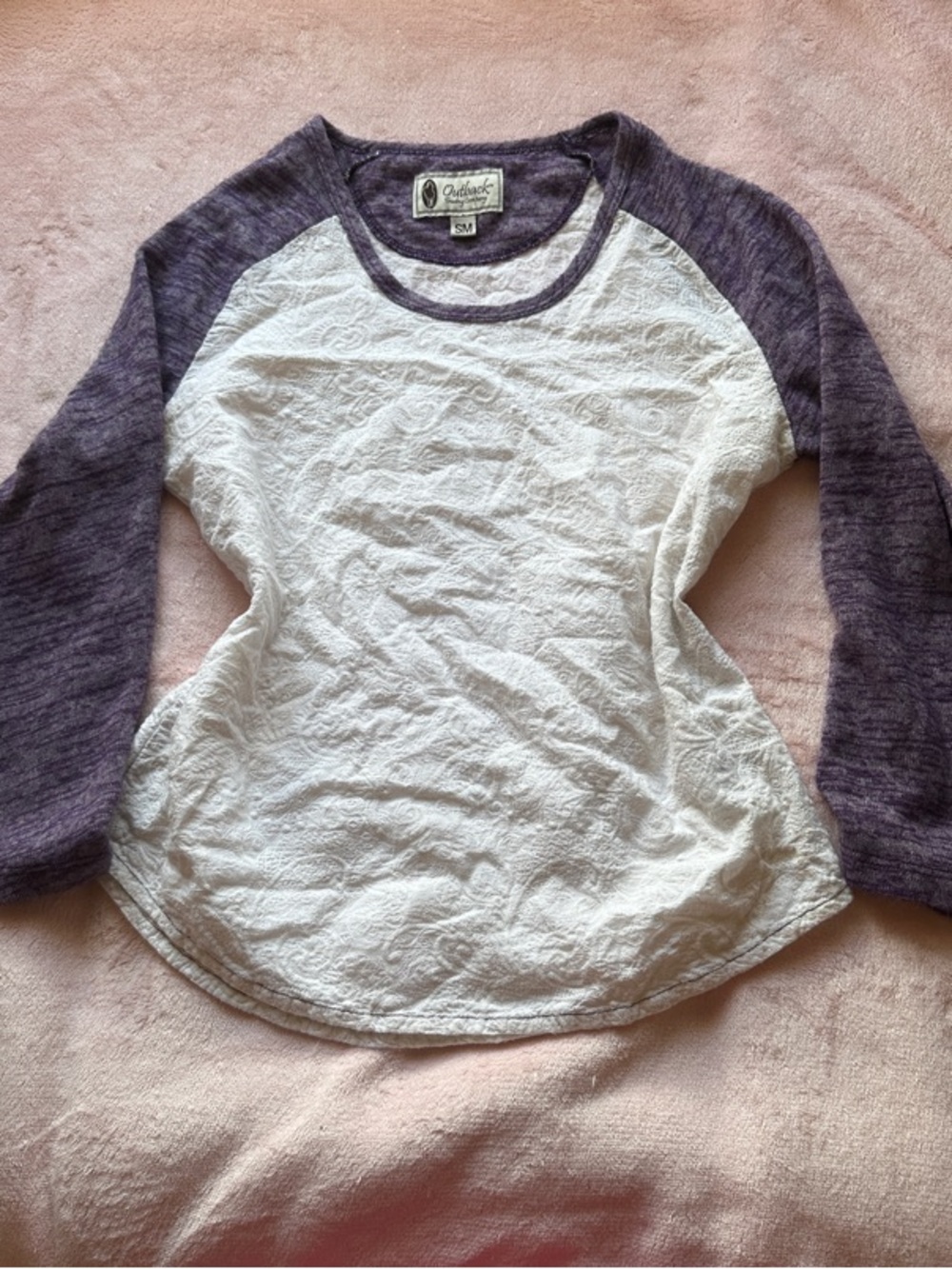 White Lacey t shirt with purple long sleeves